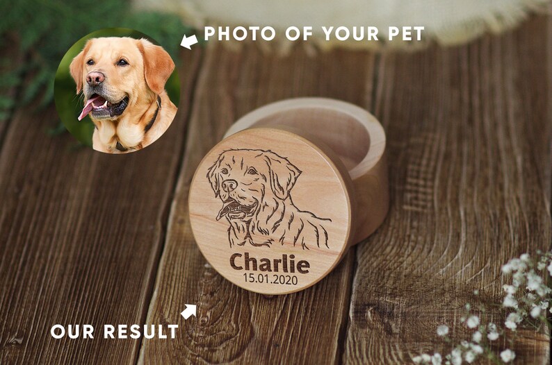 Funeral urn for animals Wooden Urn with magnet. Custom portrait of dog on the urn Dog urn Cremation urns for pet ashes