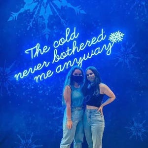Può includere: Due persone con maschere facciali stanno davanti a un muro blu con un cartello al neon che dice "The cold never bothered me anyway".