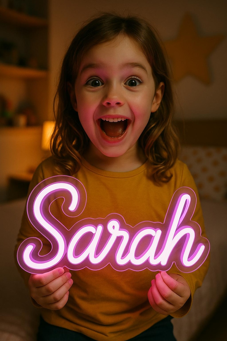 Puede incluir: Una ni&ntilde;a sostiene un letrero de ne&oacute;n con el nombre "Sarah" en una fuente cursiva. El letrero brilla con una luz rosa y blanca. La ni&ntilde;a lleva una camiseta de manga larga de color amarillo mostaza y tiene una amplia sonrisa emocionada.