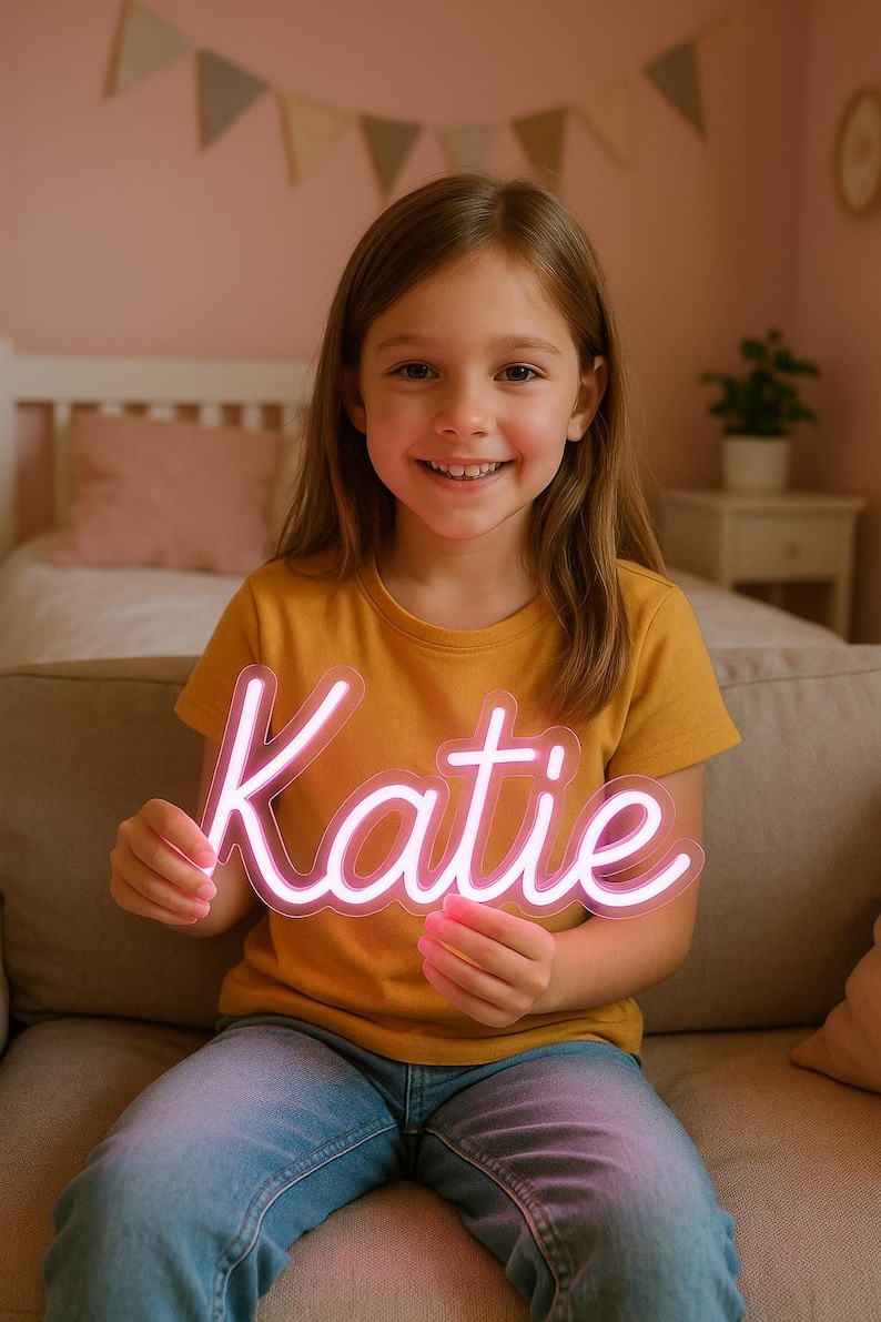 A girl holding a pink neon letter sign
