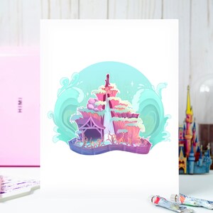 May include: A whimsical illustration of a pink and purple castle with a waterfall, surrounded by turquoise waves. The castle is set against a light blue background with white stars.