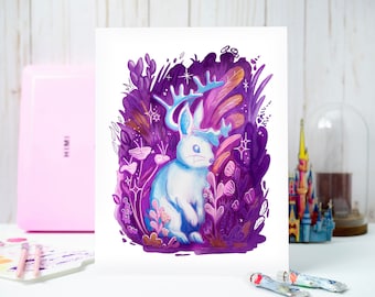 May include: A white rabbit with antlers stands in a purple and pink floral forest. The rabbit has a white face and blue eyes. The background is a dark purple with pink and white flowers.