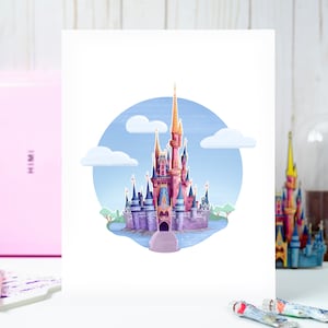 May include: A watercolor illustration of Cinderella's Castle, a pink and purple castle with gold accents, surrounded by a blue sky with white clouds. The castle is set against a light blue background.