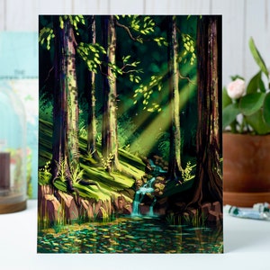 May include: A painting of a forest scene with tall trees, green foliage, and a small waterfall flowing into a pool of water. Sunlight streams through the trees, illuminating the scene.