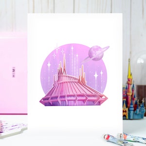 May include: A digital illustration of a pink and purple space-themed Spaceship Earth ride at Disney World. The ride is surrounded by a pink and purple circle with stars and a planet with rings.