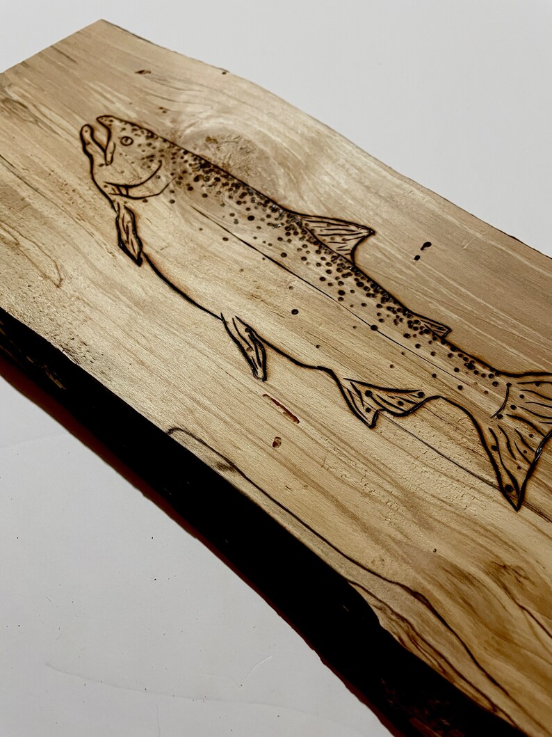 Salmon Wood Burning on Live Edge Spalted Alder Etsy Canada