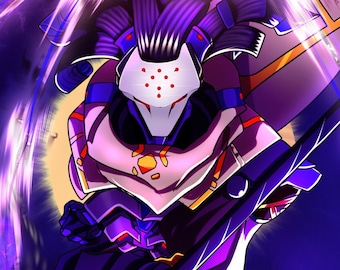 May include: A digital illustration of two characters in a battle pose. The character on the left is a purple and black robot with a white mask and a staff. The character on the right is a white and gold robot with a brown scarf and a staff. The background is a swirling mix of purple and yellow.