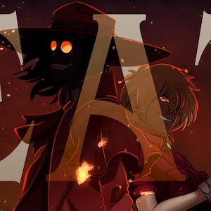 Peut inclure: Illustration numérique avec deux personnages dans un cadre enflammé. L'un porte un manteau et un chapeau rouges, l'autre une robe rouge, tenant une grande arme. Le texte "EAT THE REICH" est superposé en orange.