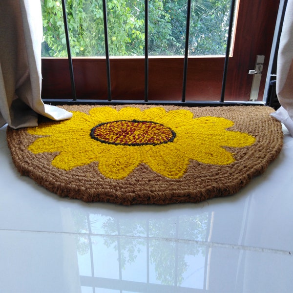 100% natürliche Kokos Handgefertigte Fußmatte, Fröhliche, lebendige Sonnenblumen-Fußmatte, Gelbe niedliche bunte Fußmatte, Extra haltbarer Sonnenblumen-Willkommensteppich