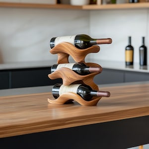 Rustic wine bottle holder Handcrafted solid wood wine rack countertop farmhouse wine stand for modern kitchen or home bar decor