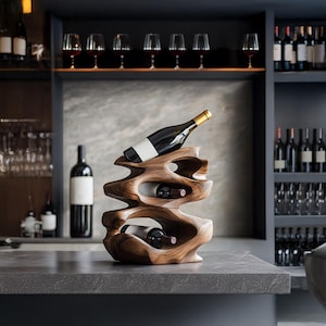 Mid century solid wood wine rack countertop rustic wine bottle holder handmade wine stand for modern kitchen or home bar decor