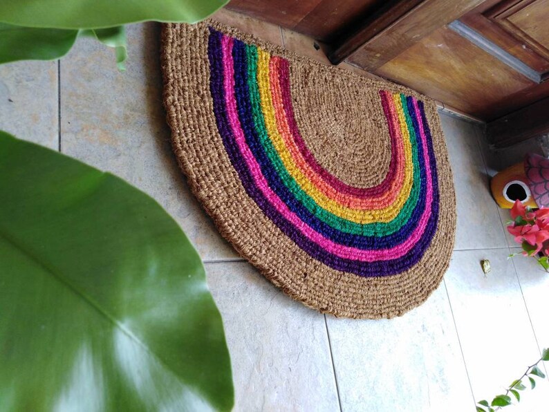 Round Rainbow Coir Doormats New Home Gift Doormats Etsy