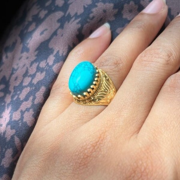 18K Gold Turquoise Ring, Handmade Ring, Turquoise Oval Ring, Gold Statement Ring, Boho Ring, Wedding Ring, Vintage Rings, Gift For Her