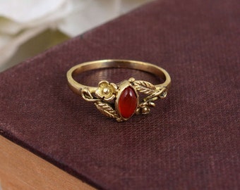 Dainty Carnelian Ring, Genuine Carnelian Ring, 18k Gold Carnelian Ring, Floral Ring, Gold Floral Ring, Minimalist Ring, Boho Gold Ring