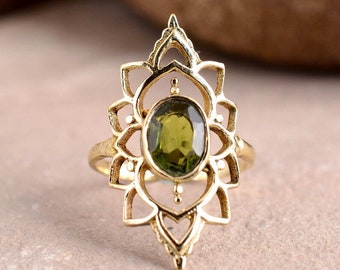 Peridot Floral Ring, Long Brass Ring, Handmade Ring, Vintage Ring, Anniversary Ring, Wedding Ring, Gift Ring, Gift Gemstone Ring