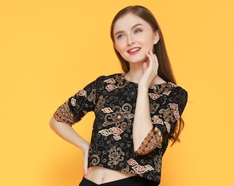 Batik Silk Blouse, Rain Cloud Gray Top, Oversized Round Neck Shirt, Half Sleeve Indonesian Batik, Casual Boho Top for Women