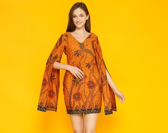 Orange Batik Dress, Tangerine Summer Sundress, Bright Boho Cotton Dress, Indonesian Batik Print, Colorful Vacation Dress for Women