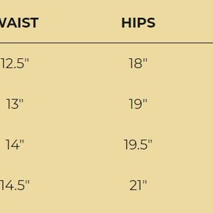 May include: Size chart showing waist, hip, and length measurements in inches for sizes XS, S, M, and L.
