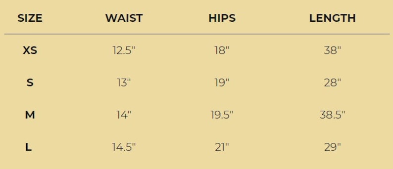 May include: Size chart showing waist, hip, and length measurements in inches for sizes XS, S, M, and L.