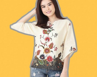 Handmade Batik Top, Floral Cream Cotton Blouse, Indonesian Batik Shirt, V Neck Flared Sleeve Top, Boho Summer Blouse for Women