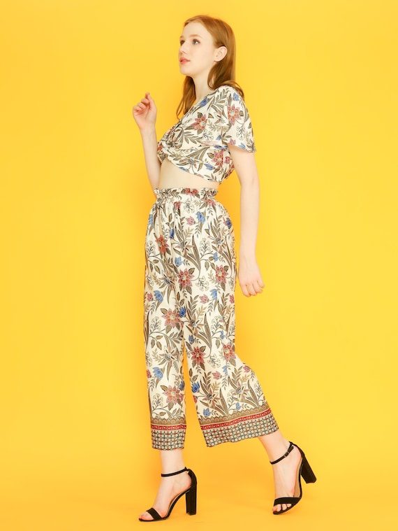 boho dress indonesia Handmade Irene Indonesia Batik Set - Flower Bloom - Summer Crop Tee - Boho  Bohemian Dress - Women Flare Pant - Ethnic Dress