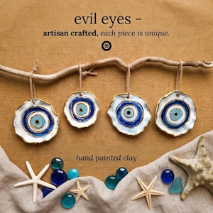 Handmade Evil Eye Wall Hanging, Gold Rimmed Clay Charm, Boho Wall Decor, Hand Formed Art, Housewarming Gift