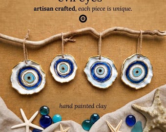 Handmade Evil Eye Wall Hanging, Gold Rimmed Clay Charm, Boho Wall Decor, Hand Formed Art, Housewarming Gift