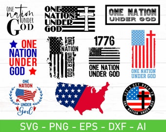 May include: A set of ten digital cut files featuring various designs with the phrase "One Nation Under God" and American flag imagery. The designs include a distressed American flag, a stylized American flag with a cross, and a circle with the phrase "Let's Get Back to One Nation Under God".