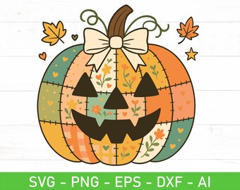 Patchwork Jack O Lantern SVG PNG, Quilt Pumpkin with Bow, Boho Halloween, Cute Fall Décor Cricut Cut Files