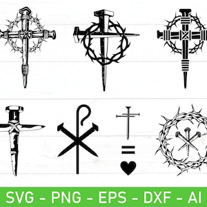 Puede incluir: Un conjunto de seis archivos de corte SVG en blanco y negro que representan símbolos cristianos, incluyendo una cruz con clavos, una corona de espinas y el símbolo Chi Rho. Los archivos son perfectos para proyectos de manualidades, como la creación de transferencias de planchado, calcomanías de vinilo o diseños cortados con láser.