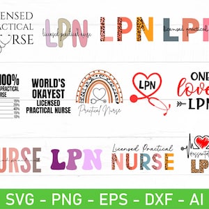 May include: A set of 10 digital designs featuring the text "LPN" and "Licensed Practical Nurse" in various fonts and colours. The designs include a rainbow, a stethoscope, a heart, and a leopard print pattern.