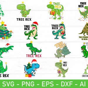May include: A set of 12 digital cut files featuring a green Christmas tree with lights and ornaments, and a green dinosaur with a red Santa hat. The text "Tree Rex" is included in the design.