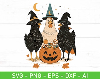 Halloween Chickens SVG PNG, Chick or Treat Funny Witchy Chicken, Cute Ghost Pumpkin Chicken Fall Design