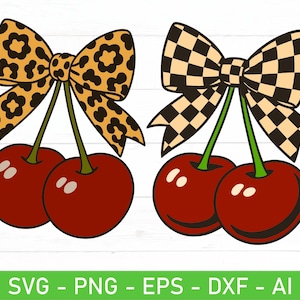 Puede incluir: Dos pares de cerezas con lazos. Un lazo presenta un estampado de leopardo, y el otro tiene un diseño de tablero de ajedrez en blanco y negro. Las cerezas son de color rojo intenso con tallos verdes.