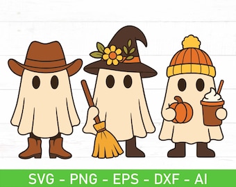 Cute Ghost Trio SVG PNG, Cowboy Ghost, Witch Ghost, Beanie Ghost with Pumpkin Spice, Kawaii Fall Halloween Shirt