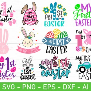 May include: A set of ten digital cut files for crafting projects featuring various Easter-themed designs. The designs include phrases like "My 1st Easter", "My First Easter", and "My First Easter" with bunny, egg, and flower illustrations.