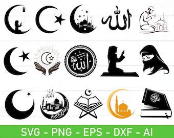 May include: A set of 12 black and white Islamic-themed SVG cut files. The designs include crescent moons, stars, mosques, the word "Allah", and praying figures.