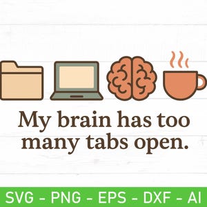 Mi cerebro tiene demasiadas pestañas abiertas SVG PNG, diseño de cita divertida de oficina, archivo de corte de cerebro, computadora portátil, café, imágenes prediseñadas de humor laboral