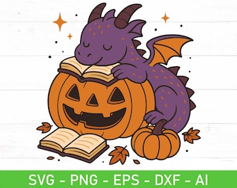 Lecture de Dragon citrouille SVG PNG, amoureux des livres Kawaii mignon, bibliothèque Halloween, fichiers Cricut bébé dragon fantastique