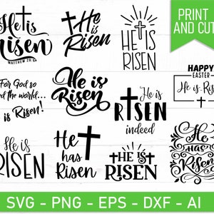 May include: A set of ten black and white digital cut files featuring various Easter-themed designs with the text "He is Risen" in different styles. The designs are perfect for creating crafts, cards, and other projects.