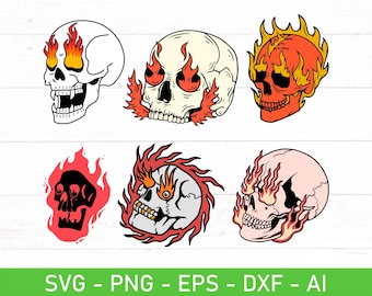 Burning Skull SVG PNG Bundle, Retro Style Skull Skull With Flame Flaming Fire Svg Png