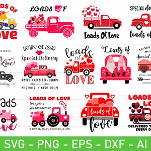 Pacchetto di svg di Loads of Love, consegna speciale di Loads of Love svg, camion rosso di San Valentino svg, Cricut, eps, png, dxf, ai, silhouette