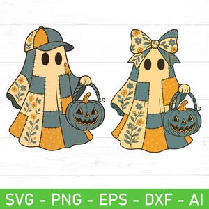 May include: Two cartoon ghosts in patchwork outfits, one with a cap and the other with a bow, each holding a jack-o'-lantern basket. The ghosts are beige with blue, orange, and floral accents, perfect for Halloween.