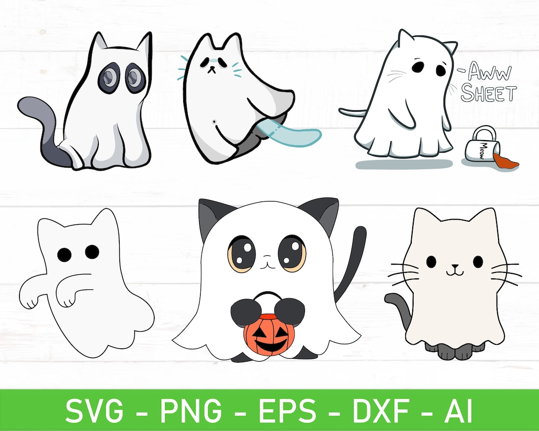 Cat Ghost SVG Bundle, Сute Ghost Cat Svg, Halloween Cat Svg, Eps, Dxf