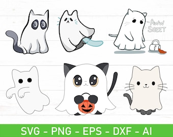 Cat Ghost SVG Bundle, Сute Ghost Cat svg, Halloween Cat svg, eps, dxf, ai, png, Files For Cricut