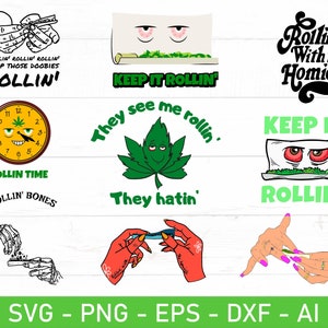 Op de afbeelding: Een set van 10 digitale ontwerpen met verschillende illustraties met betrekking tot de cannabiscultuur. De ontwerpen omvatten een klok met een wietblad als gezicht, een hand die een joint rolt, een groen wietblad met een glimlachend gezicht en een cartoonoog met een joint in zijn mond. De tekst "Rollin' With the Homies" is ook opgenomen in de ontwerpset.