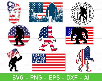 Puede incluir: Una colección de diseños temáticos de Bigfoot en rojo, blanco y azul, que incluyen siluetas, patrones de banderas y una huella. Los diseños están disponibles en formatos SVG, PNG, EPS, DXF y AI.
