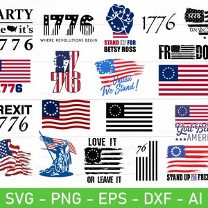 Puede incluir: Una colección de 12 diseños digitales con la bandera de Betsy Ross, la bandera estadounidense y el texto "1776". Los diseños incluyen frases como "Party like it's 1776", "Brexit 1776", "Stand Up For Betsy Ross", "God Bless America" y "Love It Or Leave It".