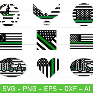 Bundle svg fine ligne verte, fine ligne verte drapeau USA, svg drapeau militaire, fine ligne verte coeur svg, eps, dxf, ai, png, fichiers pour Cricut