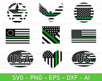細い緑の線 svg バンドル、細い緑の線 米国旗 svg、軍旗 svg、細い緑の線 ハート svg、eps、dxf、ai、png、Cricut 用ファイル